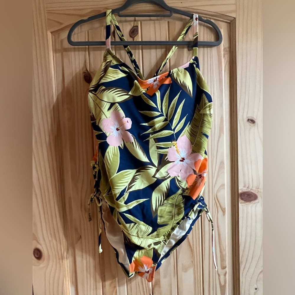 NWT Beach Betty’s Tropical Floral One-Piece Swimsuit - Navy with Green & Pink
